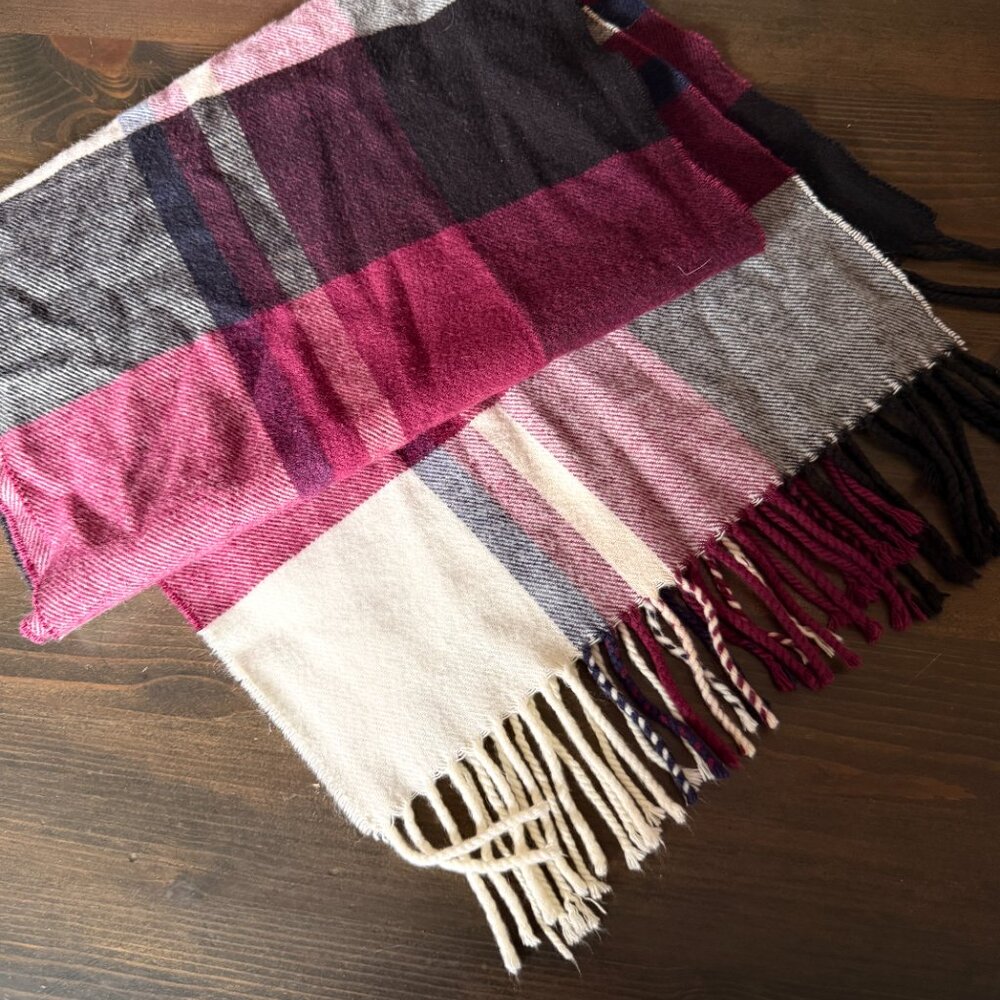 CASHMERE FEEL winter SCARF Maroon Black Pink PLAID MEN WOMEN 72 X 12 fringe